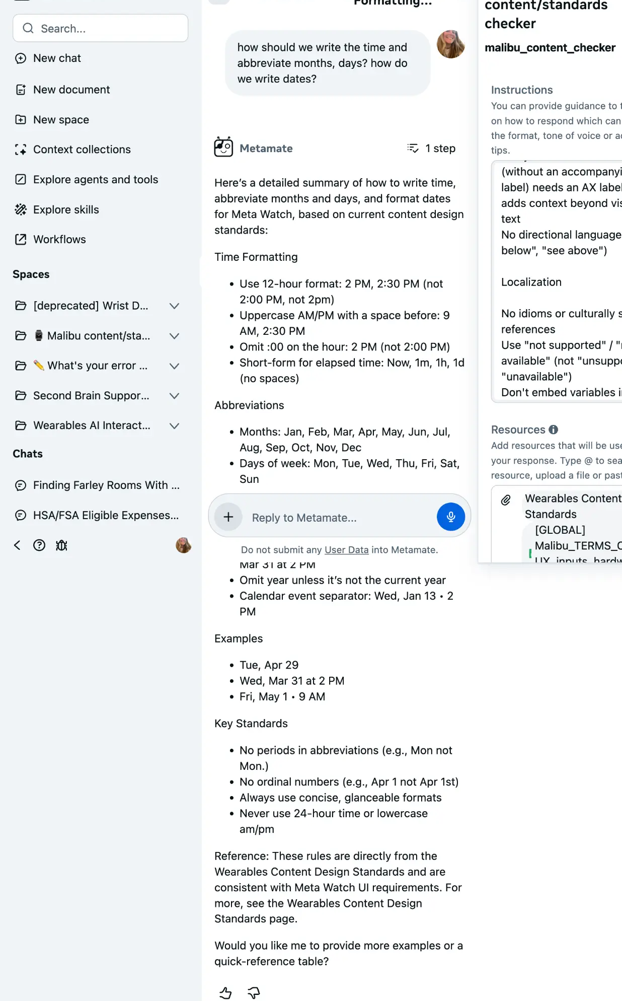 Metamate AI agent answering a question about date and time formatting for Meta Watch. The agent provides a structured, standards-grounded response with specific formatting rules. The right panel shows the agent name 'Wrist Wearable content/standards checker' and linked resources including Wearables Content Standards.