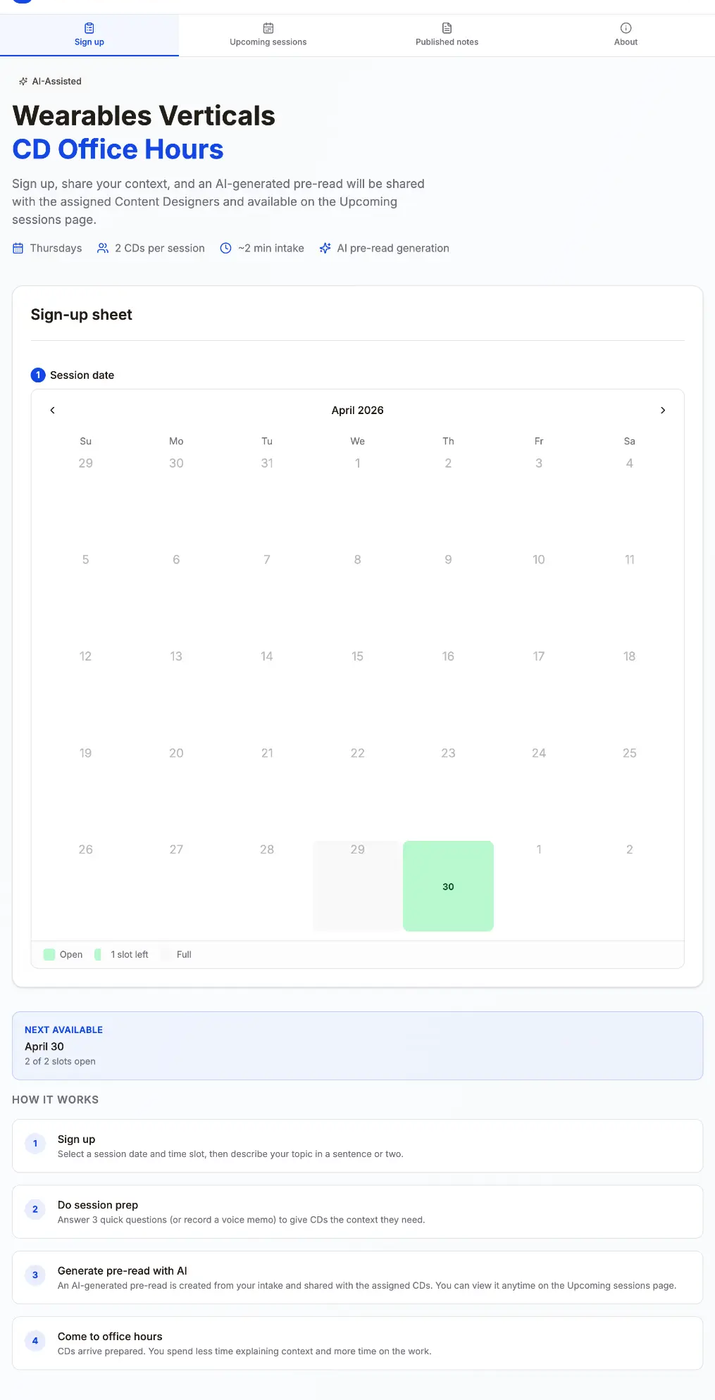 Wearables Verticals Content Design Office Hours website homepage showing the sign-up interface and session overview.