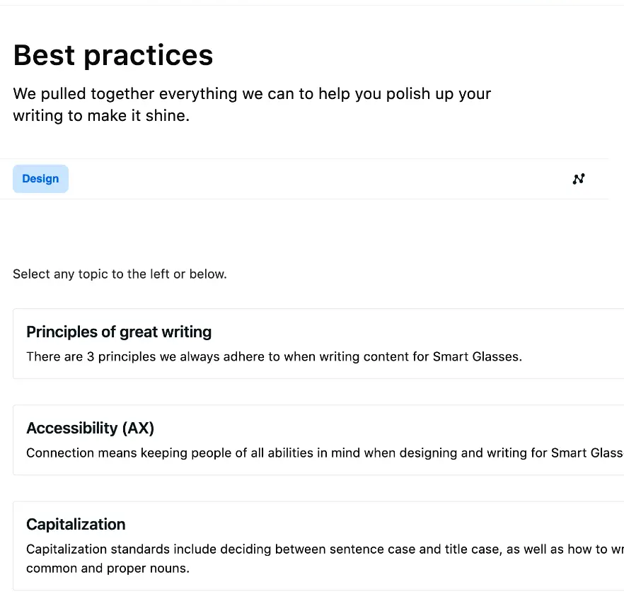 Wearables Content Design Standards hub showing navigation categories: Principles, Accessibility, Capitalization, Grammar, i18n, Privacy, Punctuation, and more. Contributors section shows Ashlee Phillips as author.