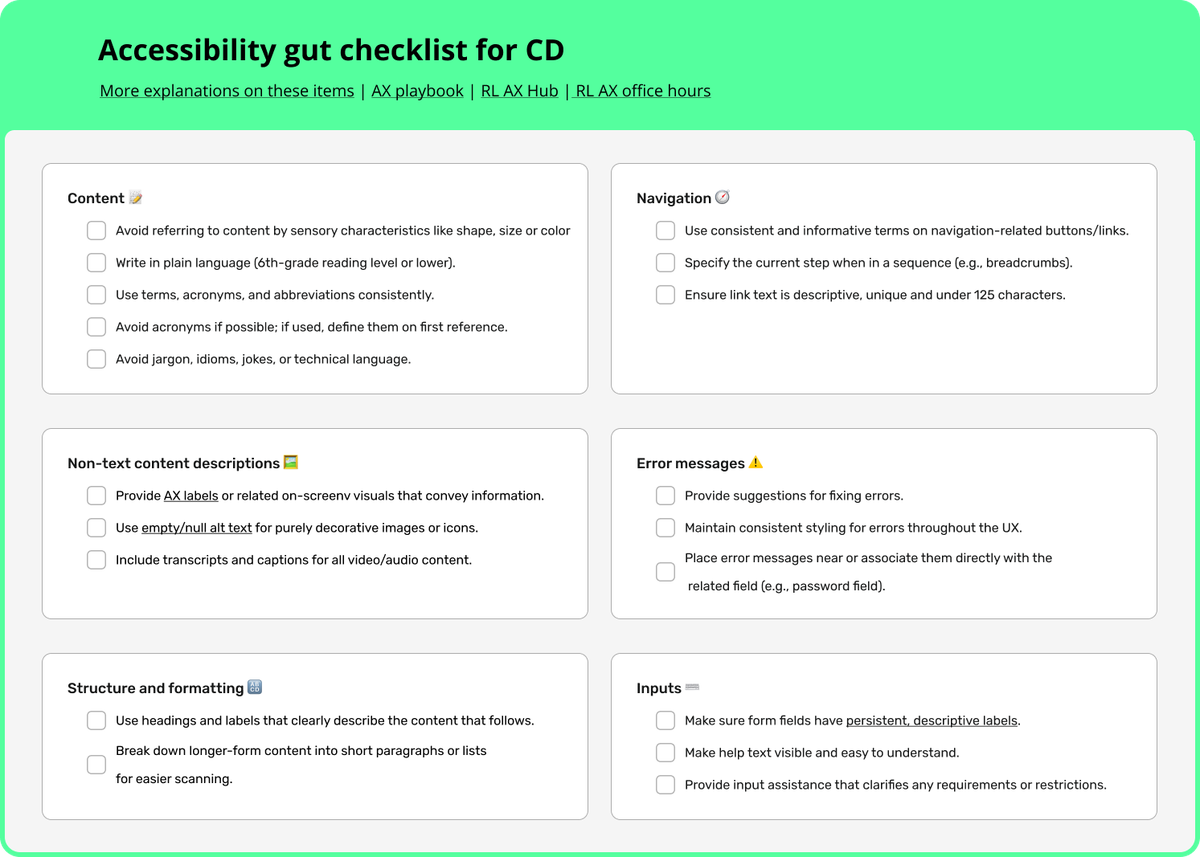 Screenshot of the Accessibility gut checklist for CDs — a Figma prototype showing six categories: Content, Navigation, Non-text content descriptions, Error messages, Structure and formatting, and Inputs, each with WCAG-based checklist items