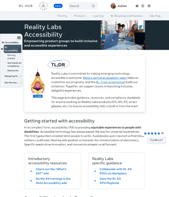 Screenshot of the Reality Labs Accessibility Hub — showing the hub header, TL;DR summary, Getting started section, and two-column resource cards for introductory accessibility resources and Reality Labs specific guidance