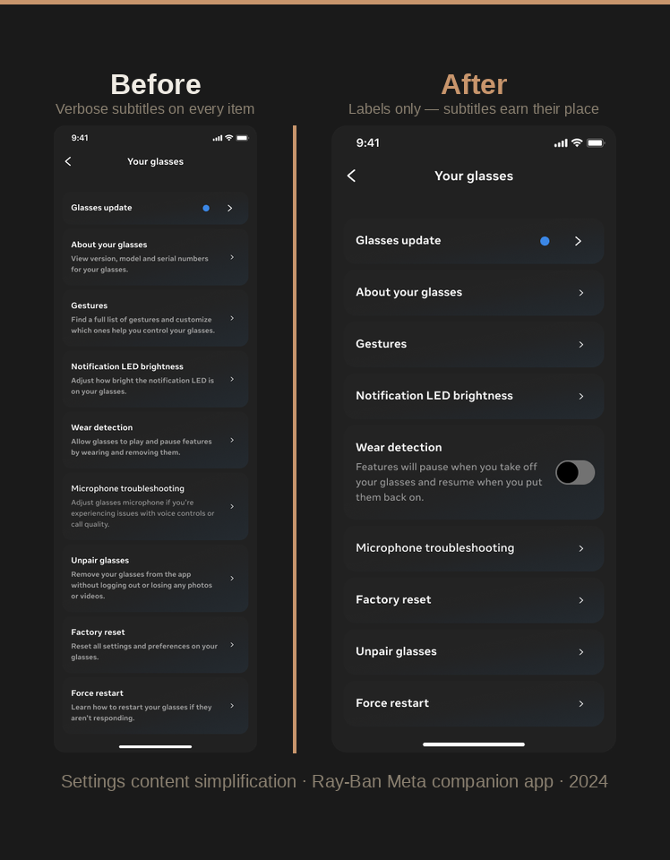 Side-by-side comparison: before shows verbose subtitles on every settings item; after shows labels only, with subtitles kept only where they earn their place — such as Wear detection.