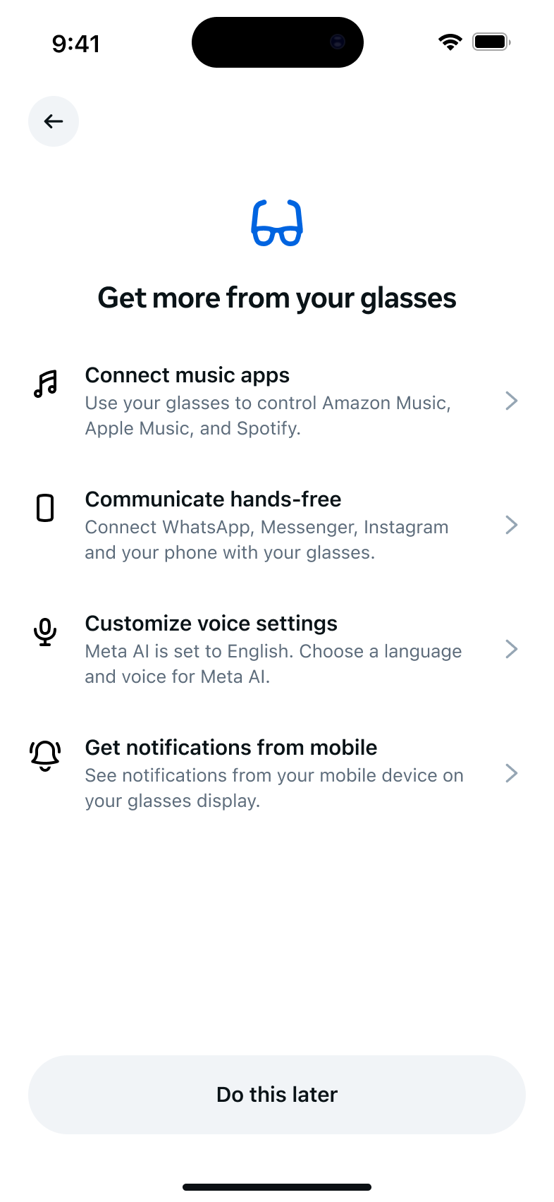 Hypernova (Meta Ray-Ban Display) CHOOBE screen: 'Get more from your glasses' with four optional tasks — Connect music apps, Communicate hands-free, Customize voice settings, Get notifications from mobile