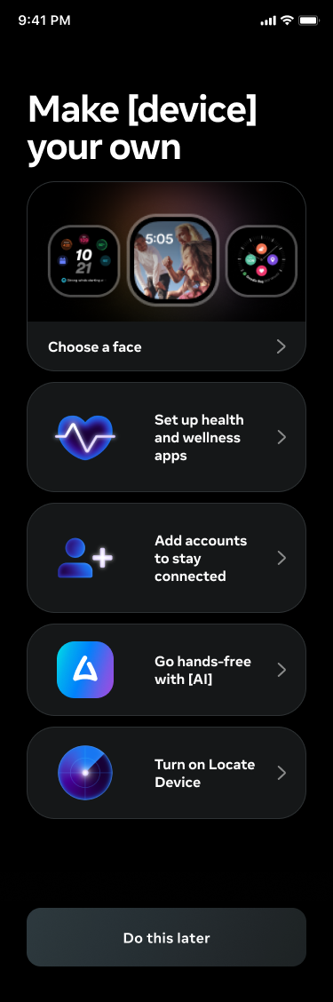 Wrist wearable Gen 1 CHOOBE screen: 'Make [device] your own' with five optional setup tasks including watch face picker, health apps, accounts, AI, and Locate Device
