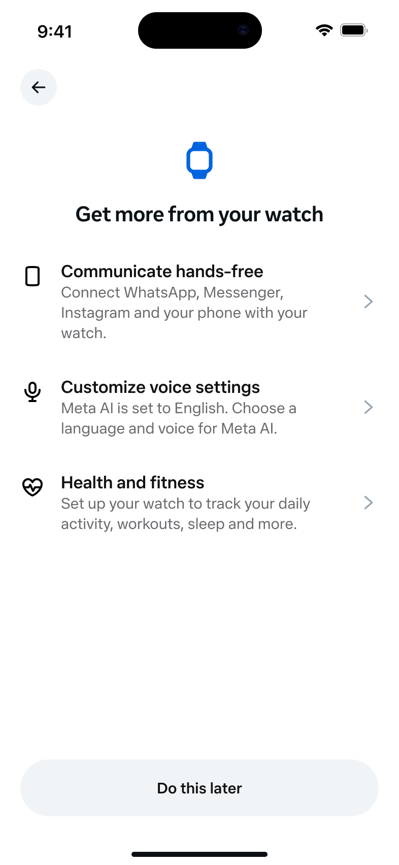 Wrist wearable CHOOBE screen: 'Get more from your watch' with three optional setup tasks — Communicate hands-free, Customize voice settings, Health and fitness