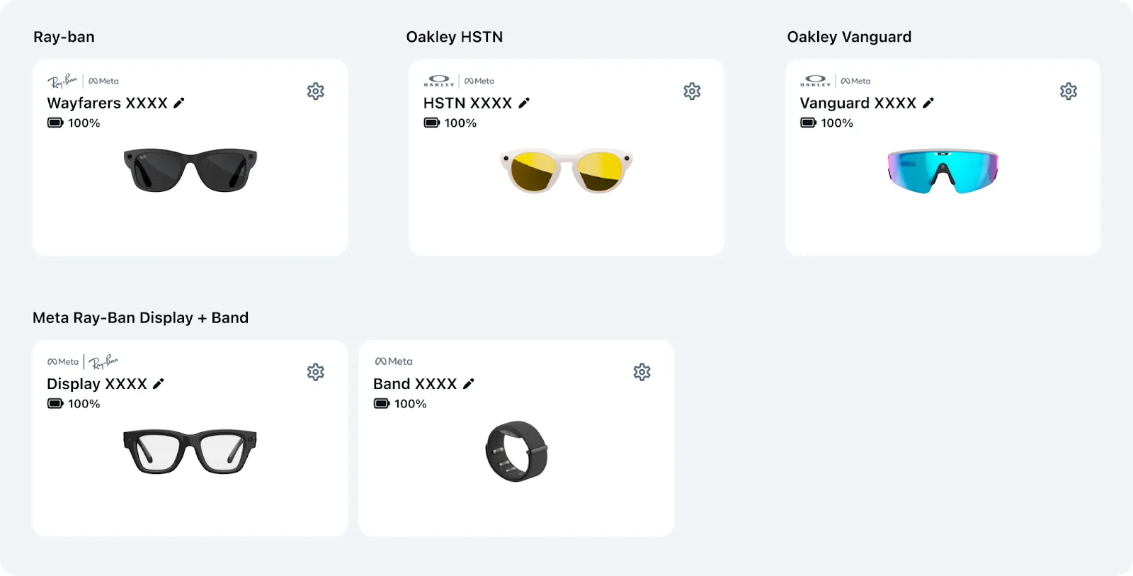 Device cards showing SKU-forward naming across Ray-Ban Wayfarers, Oakley HSTN, Oakley Vanguard, Display glasses, and Band