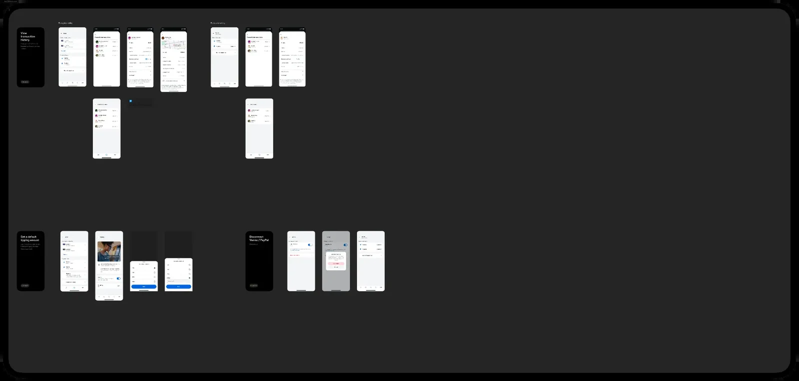 Companion app flow diagram showing transaction history, receipt view, and account management flows including set default tipping amount and disconnect Venmo/PayPal.